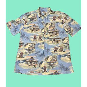 Joe Marlin Mens L Hawaiian Rayon Shirt Beach Scene Blue Tropical Short Sleeve